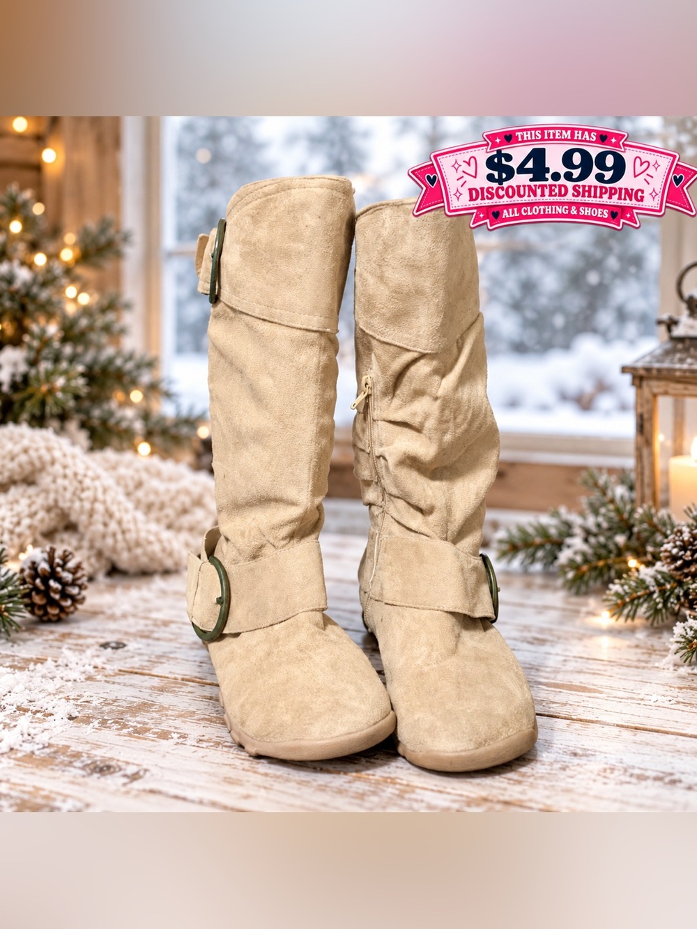 Women’s Beige Faux Suede Tall Buckle Boots – Size (8)